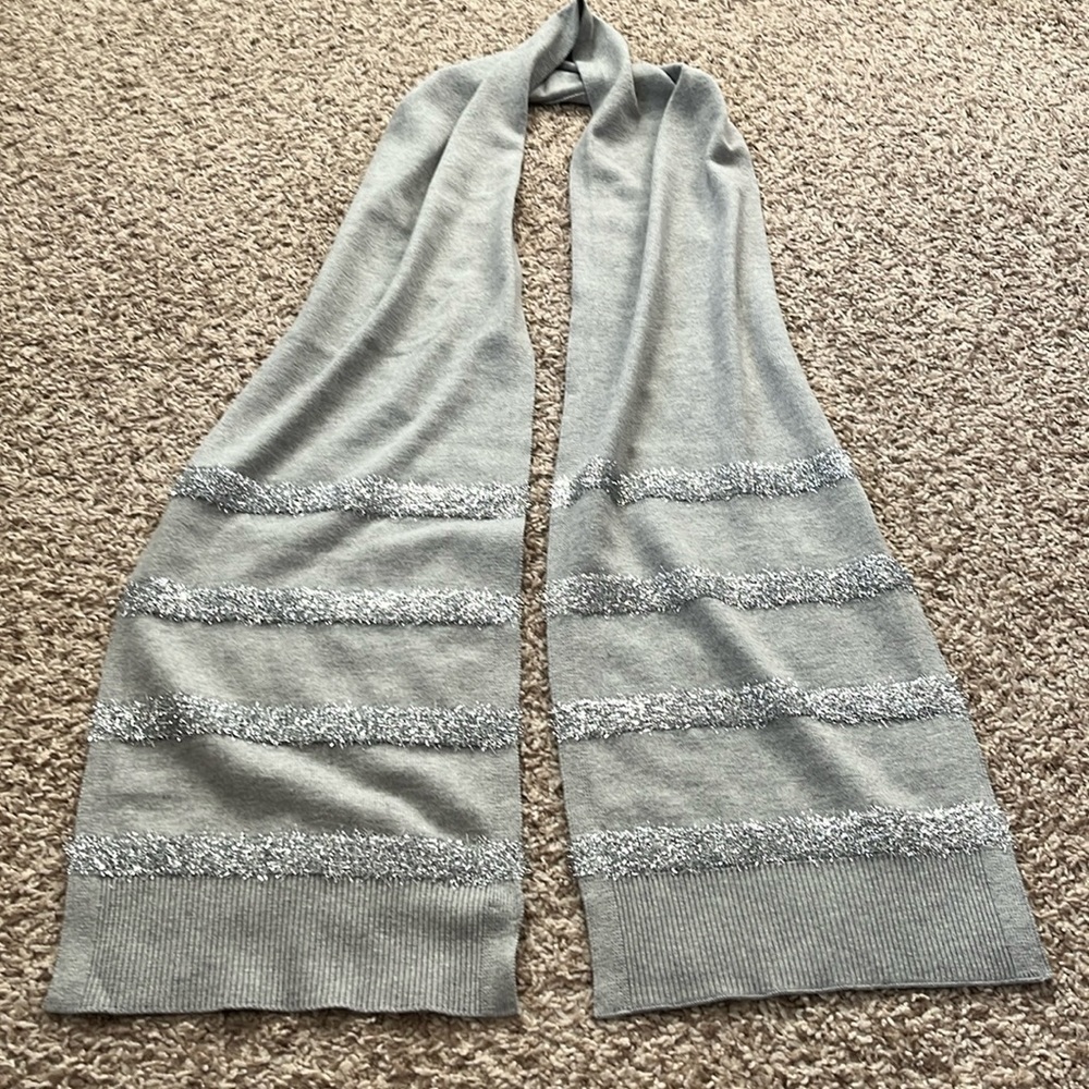 Talbots Gray Silver Tinsel Stripe Warm Winter Scarf w/ Ribbing - Picture 1 of 7